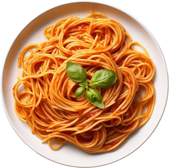 A bowl of fresh spaghetti with tomato sauce and basil